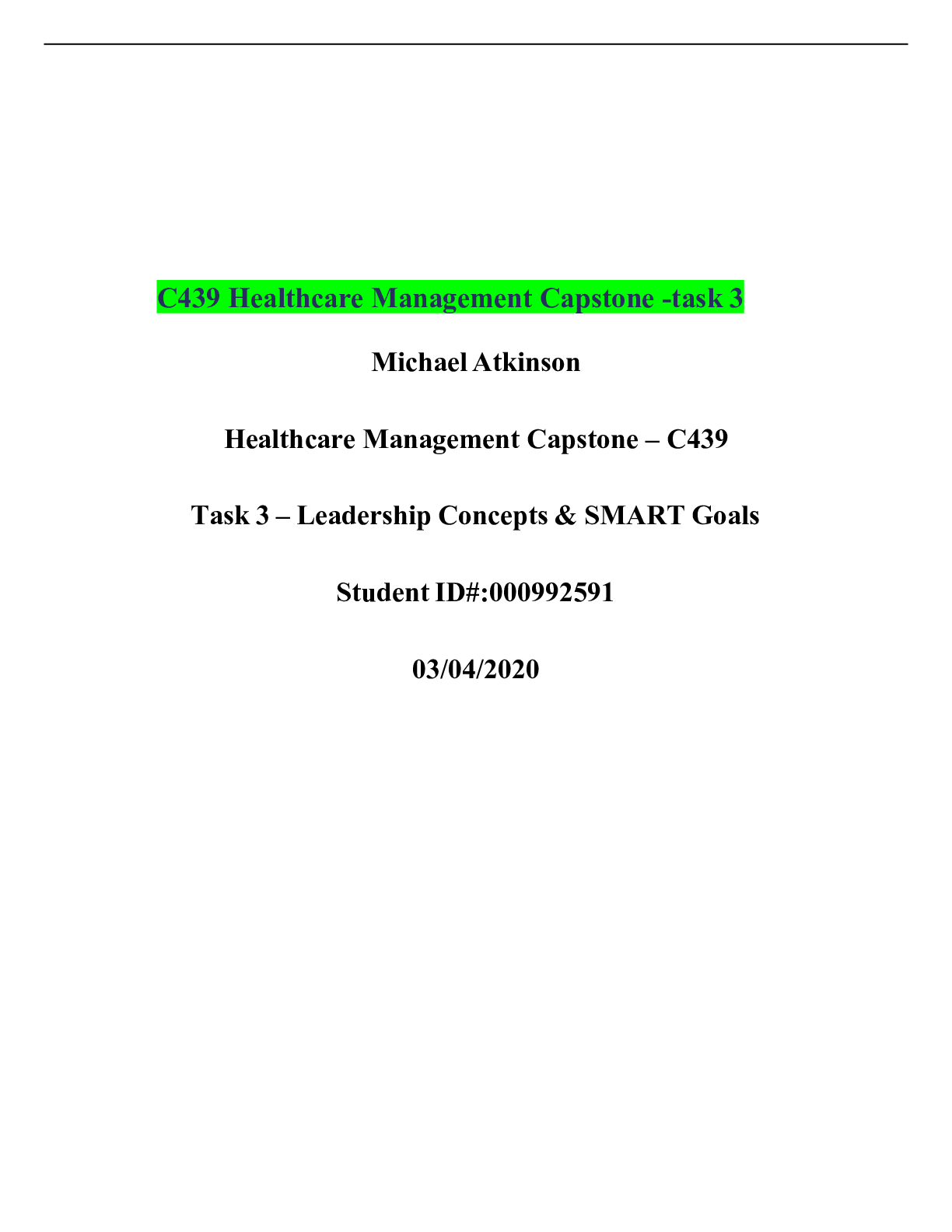 Preview image of C439 Healthcare Management Capstone -task 3 document